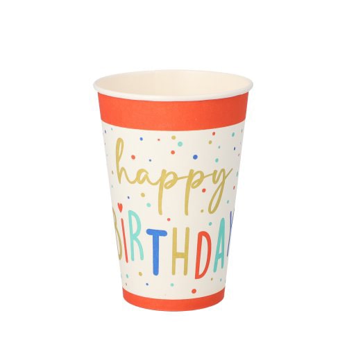 PAPSTAR 140 Trinkbecher, Pappe 0,2 l Ø 7 cm · 9,7 cm weiss "Happy Birthday" (37174, 14x10 Stück)