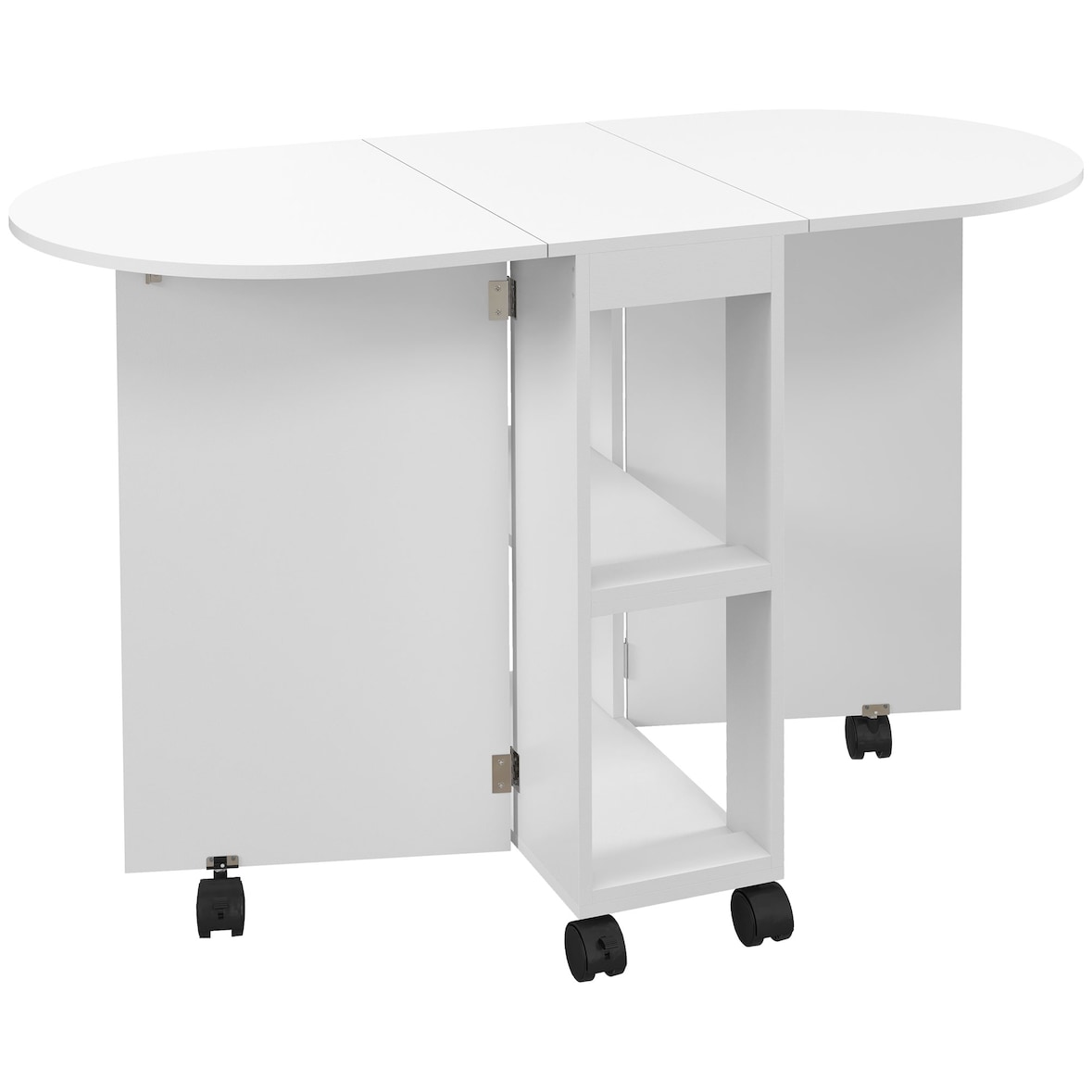 HOMCOM Mesa de Cozinha Dobrável com Rodas Laterais Rebatíveis e 2 Prateleiras Abertas Estilo Moderno 120x60x77 cm Branco