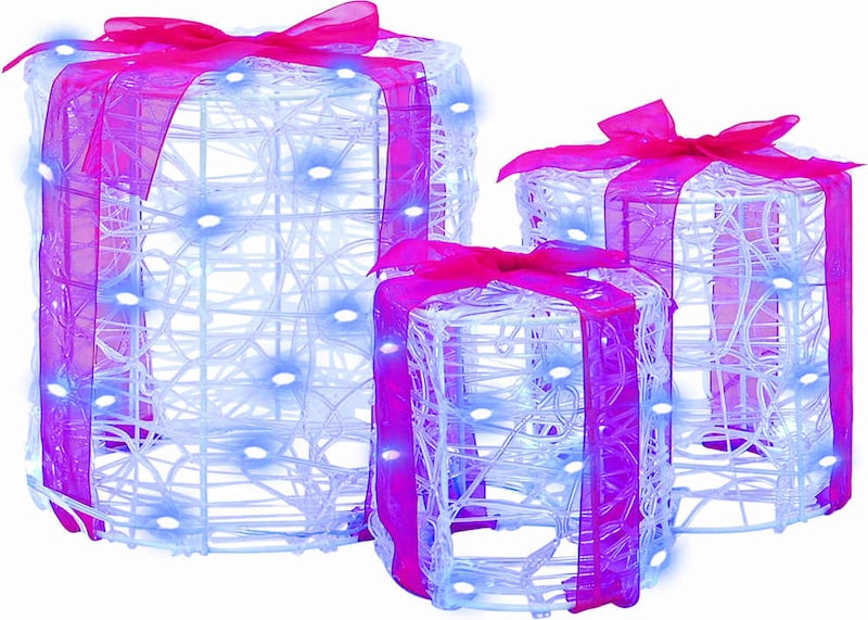 Drei beleuchtete Geschenkboxen mit blauen Lichtern.