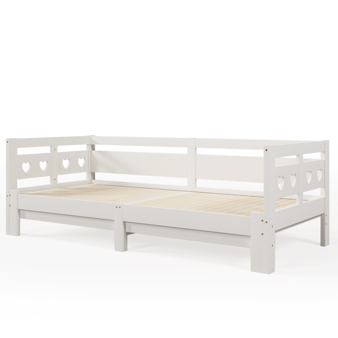 Herzförmiges Tagesbett Kiefer Massivholz 180x200 ausziehbar mit 2 Schlafplätzen, multifunktional als Sofa und Bett, Weiß
