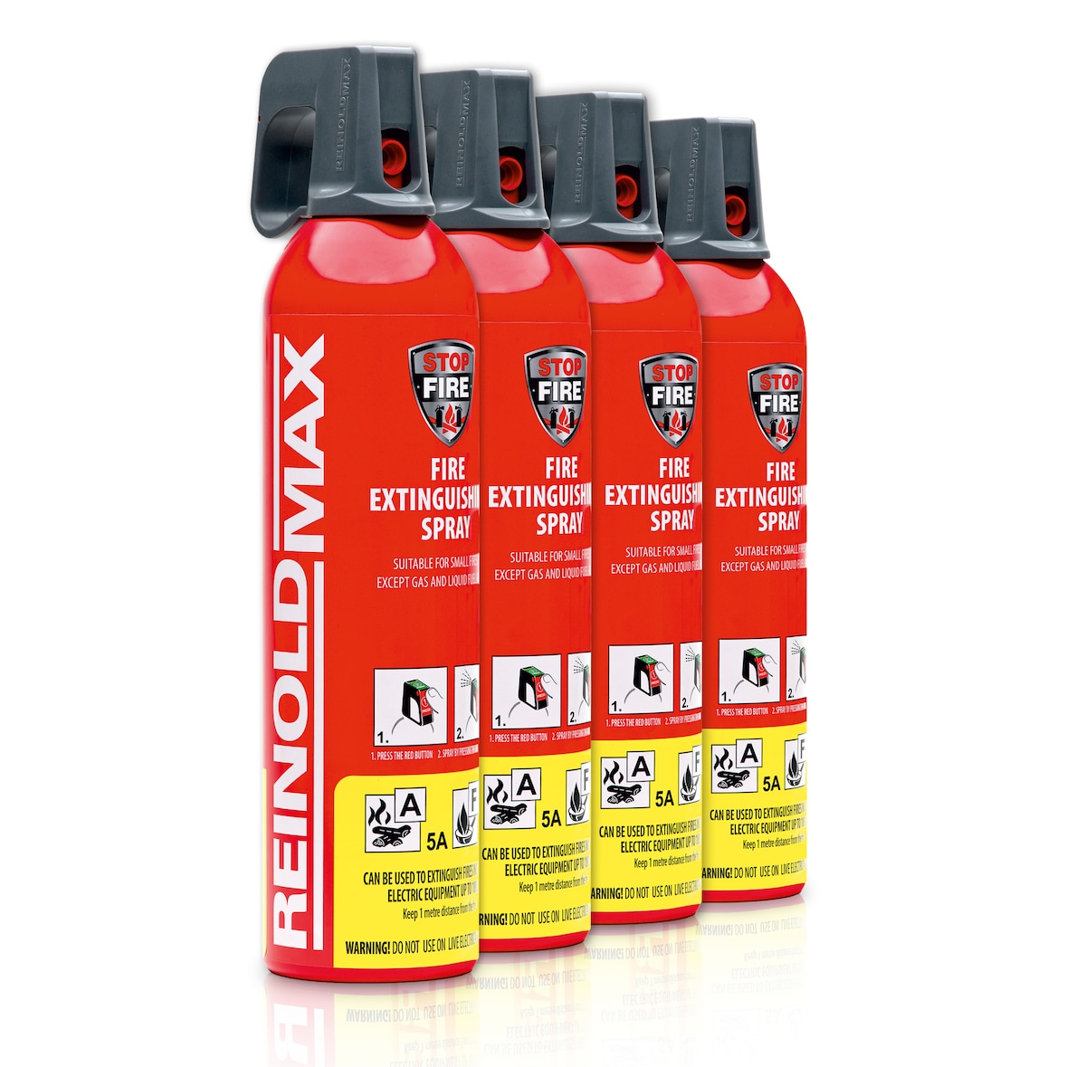 XENOTEC Premium Feuerlöschspray – 4er Set - 750ml – Stopfire – Autofeuerlöscher – REINOLDMAX – wiederverwendbar – geeignet für Fettbrände – 4 x 750g