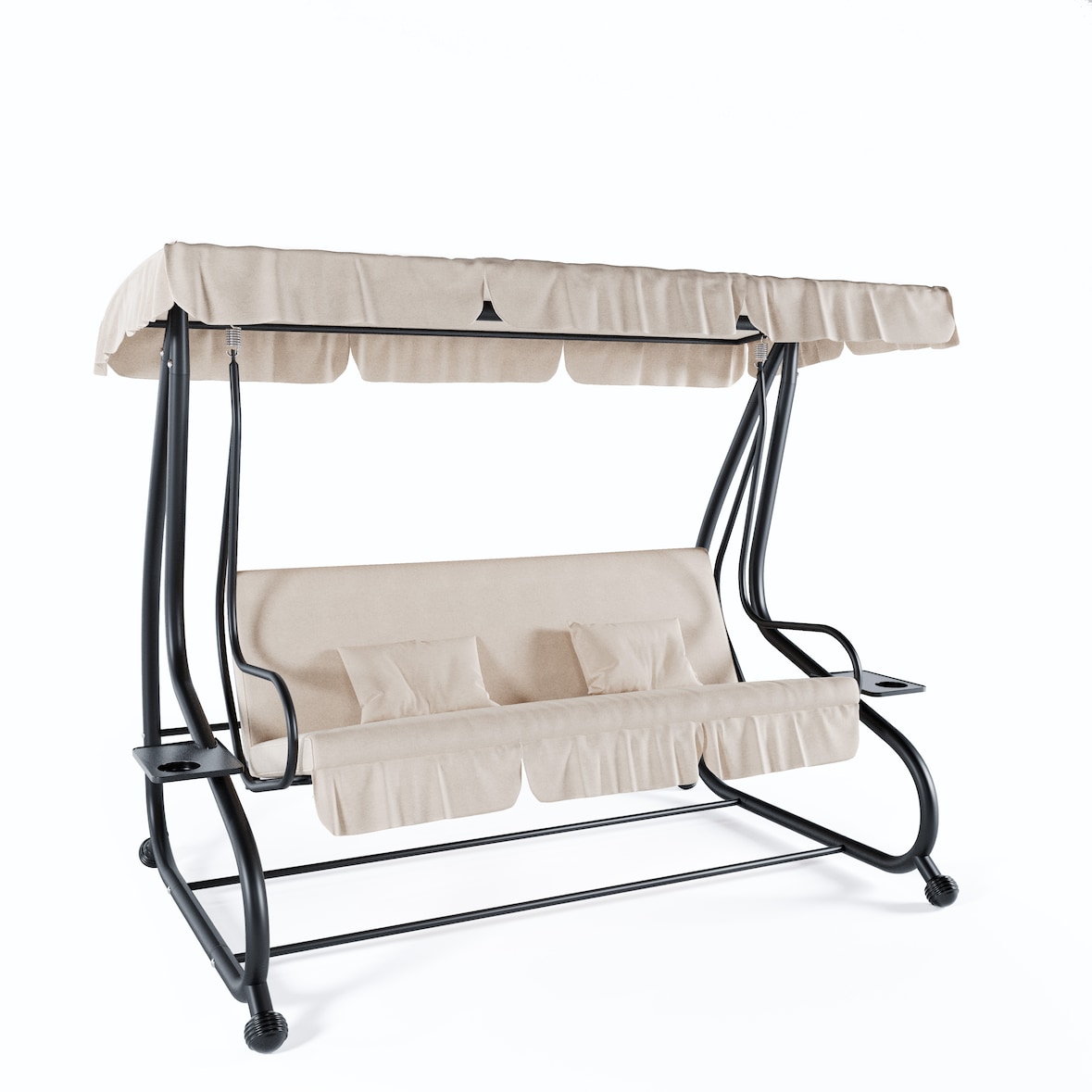 Dondolo 3 Posti Reclinabile Tettuccio Parasole Regolabile Cuscini Imbottiti Diventa Letto Struttura Robusta In Acciaio 200 x 120 x 160 cm Beige