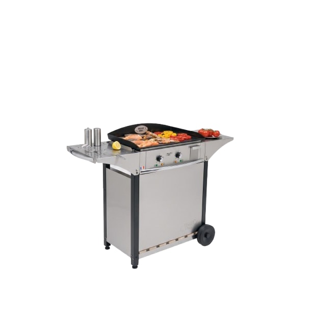 Roller Grill Ensemble chariot avec habillage inox, plancha électrique acier émaillé, 2 zones, livre de recettes EPL 600 E