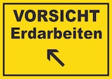 thumbnail of Vorsicht Erdarbeiten mit Richtungspfeil links oben Schild A2 (420x594mm)