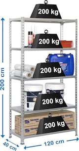 thumbnail of SimonRack Metalen stelling, 2000x1200x400 mm, 5 niveaus, metalen legbord, 200 kg buigpunt, Galvaniseerd - Simonclick