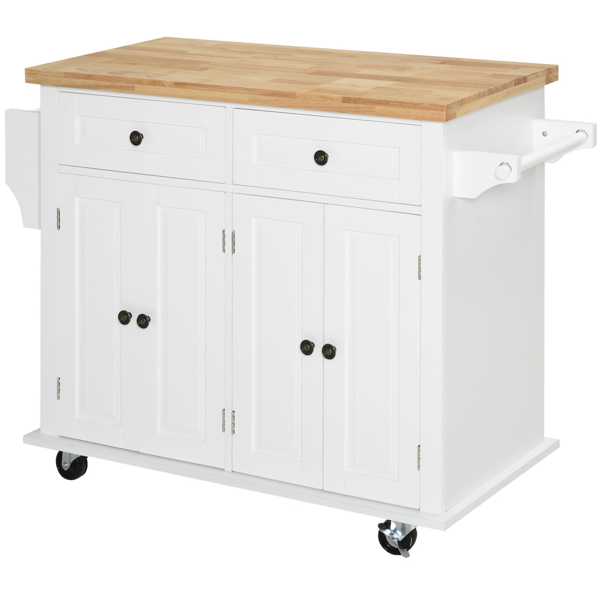 HOMCOM Carrello da Cucina con 2 Cassetti e 2 Armadietti, Isola da Cucina con Piano in Legno, Portaspezie e Porta Canovacci, Bianco