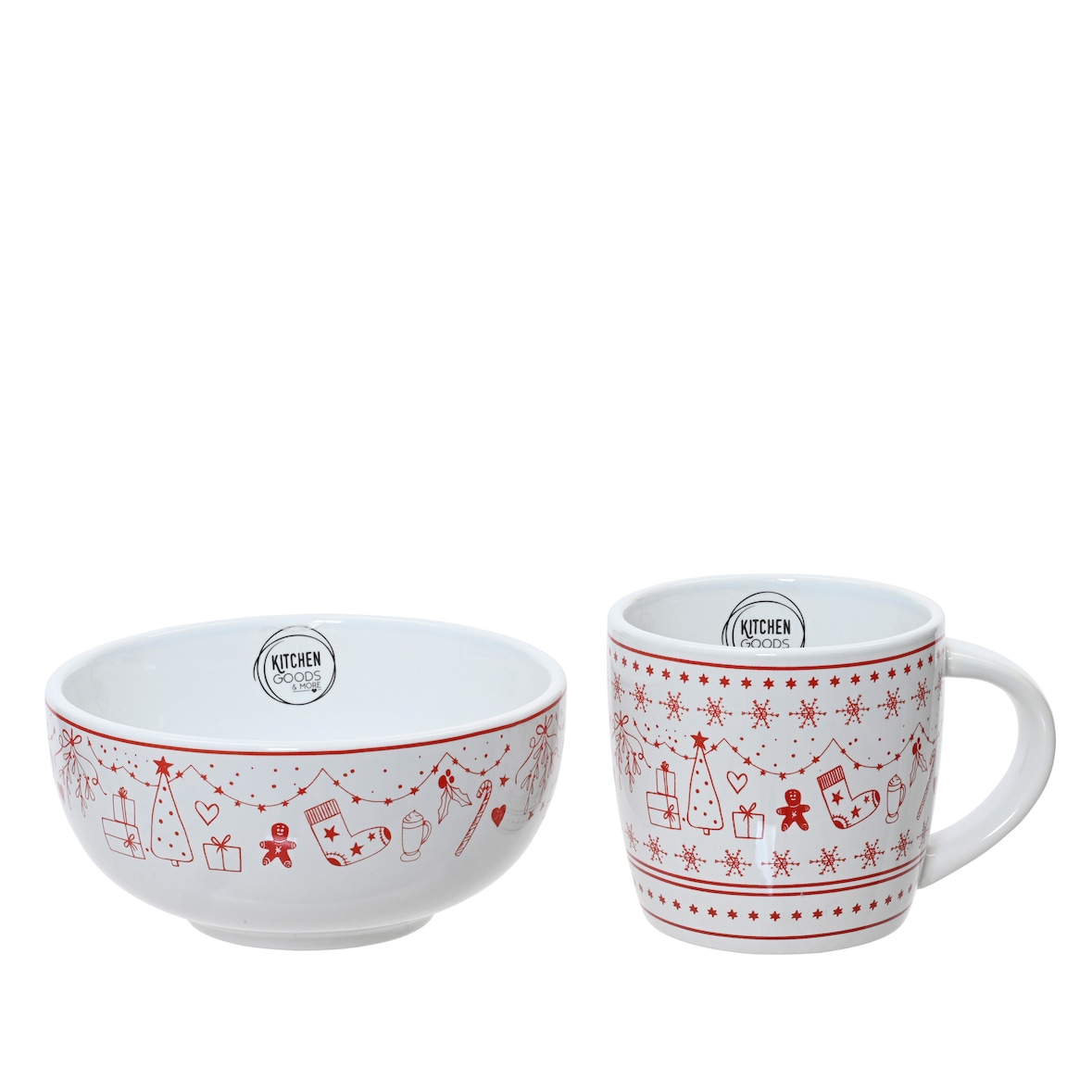 2x Frühstücksgeschirr Keramik 15x15cm - Schüssel & Tasse Set mit Weihnachtsmotiv Weihnachtsgeschirr Geschirr für Weihnachten Schale Becher Weiß Rot