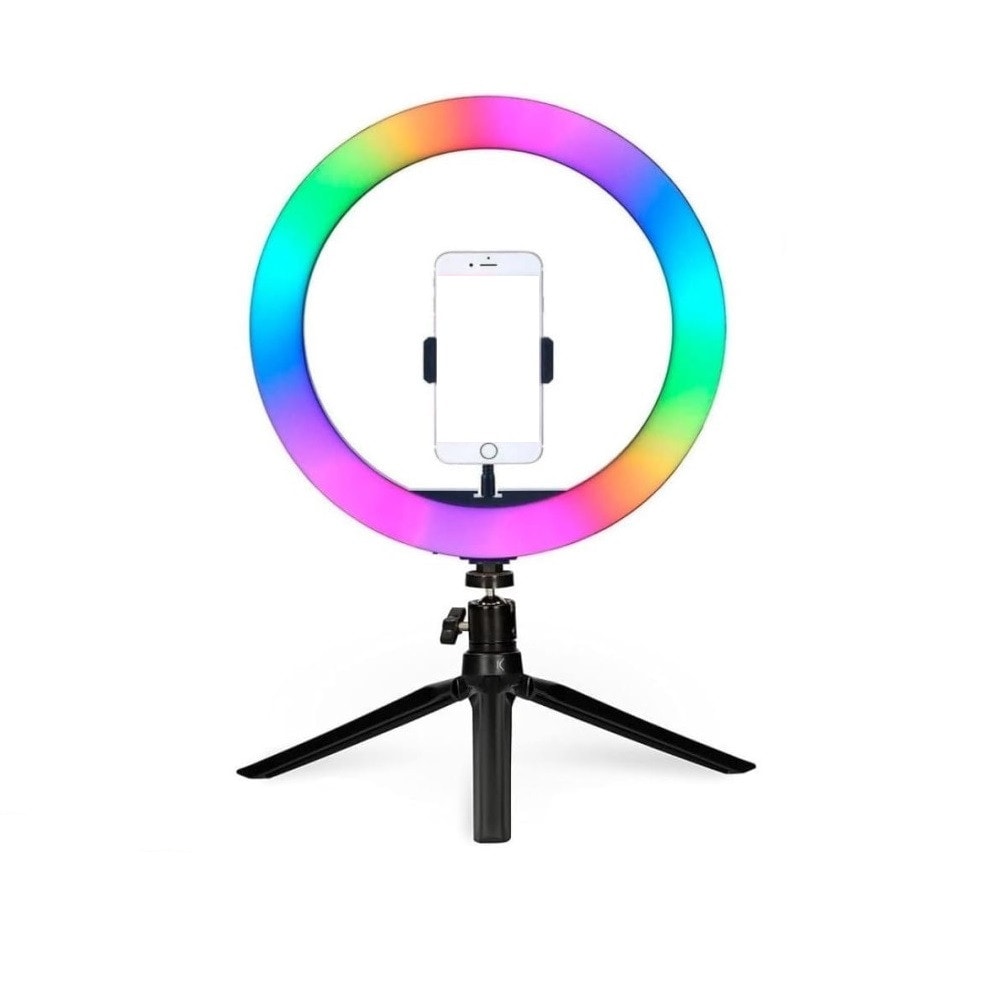 Anel de luz LED de 9 cores com 26 cm de diâmetro e suporte ajustável (RGB + Mini tripé)