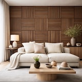 thumbnail of Panel decorativo de lamas de madera, láminas de MDF y fieltro PET, juego de 12 piezas 60x60, revestimiento de pared fonoabsorbente, color nogal claro