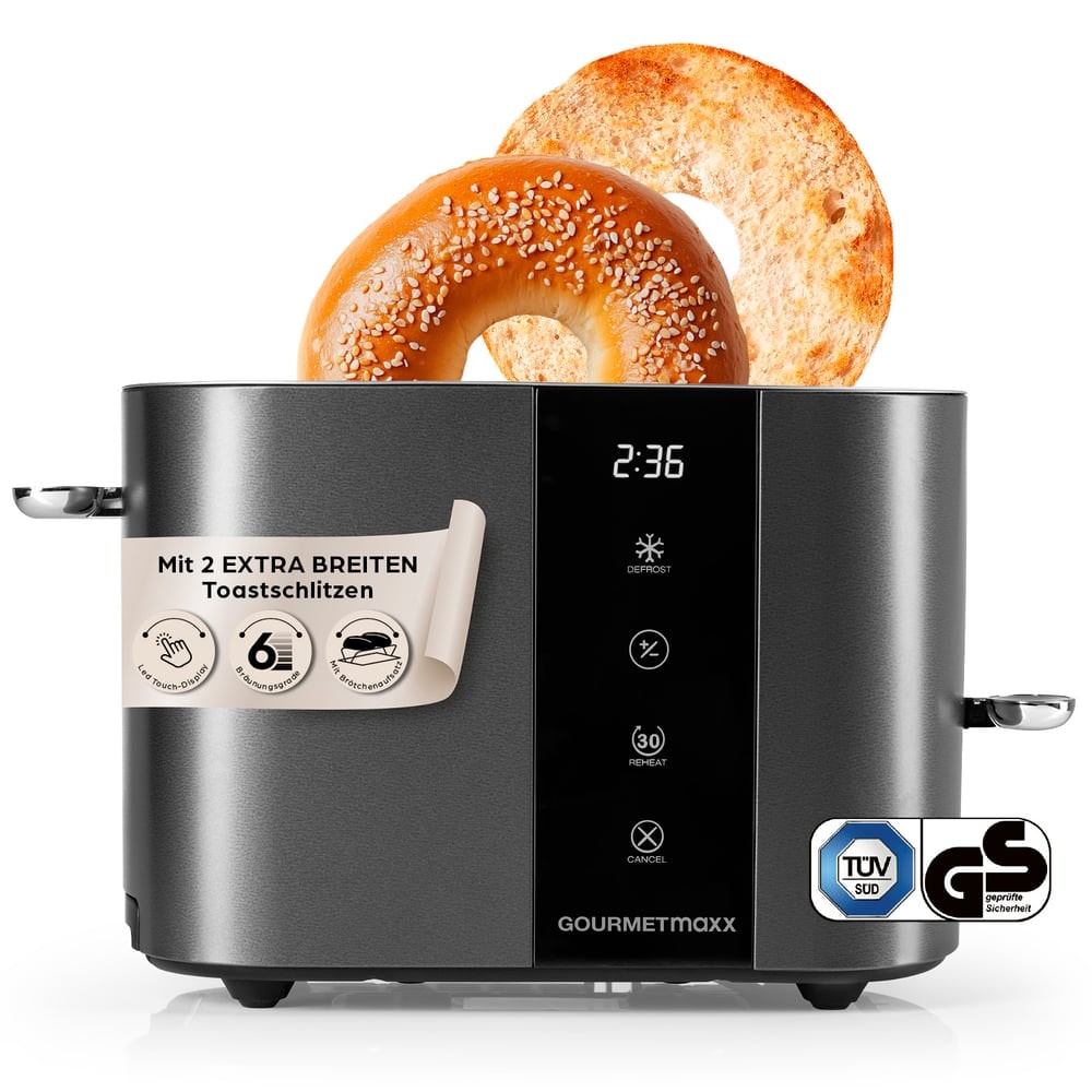GOURMETmaxx Toaster, 2 Scheiben - 6 Bräunungsgrade, Touchscreen, Brötchenaufsatz
