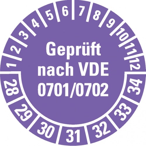 Dreifke® Prüfplakette Geprüft VDE 0701/0702 28-34, violett, Dokumentenfolie, Ø30mm, 18 Stk.