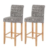 thumbnail of 2er-Set Barhocker HWC-C33, Barstuhl Tresenhocker, Holz ~ Schriftzug, grau, helle Beine, Stoff/Textil
