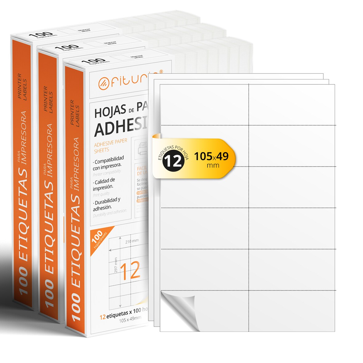 Folios A4 de Etiquetas Adhesivas Blancas, Crea tus Pegatinas Personalizadas, Etiqueta Adhesiva para Imprimir - Ofituria (12 por hoja, 300h)