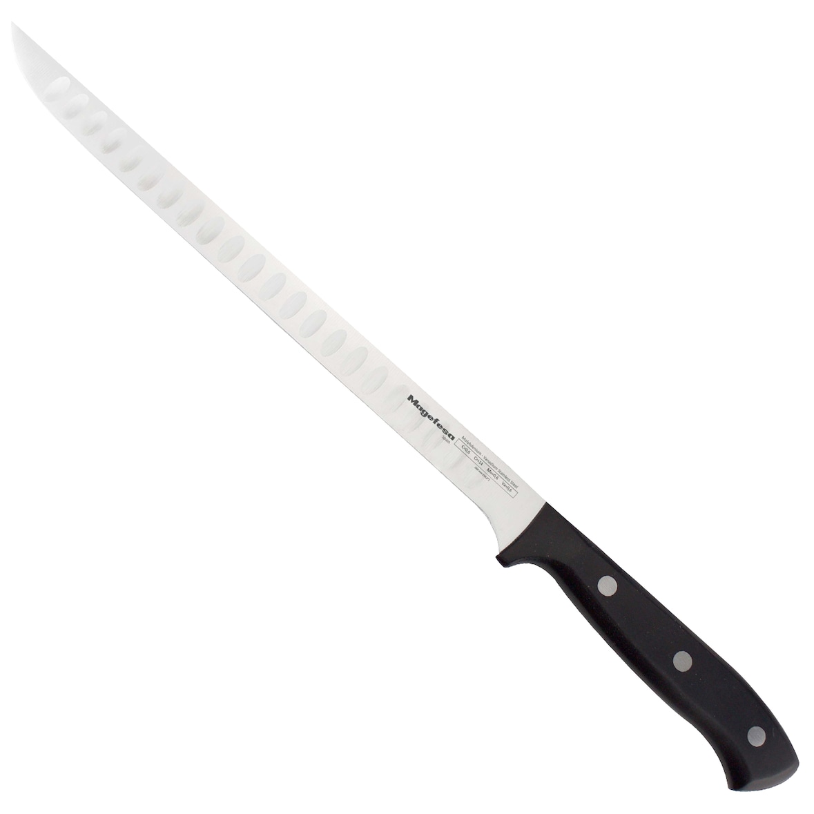 Magefesa Filo - Cuchillo Jamonero 25cm, Acero Inoxidable, Resistente, Estable, Mangos Modernos de Color Negro, Máxima Precisión, Afilado a la Piedra