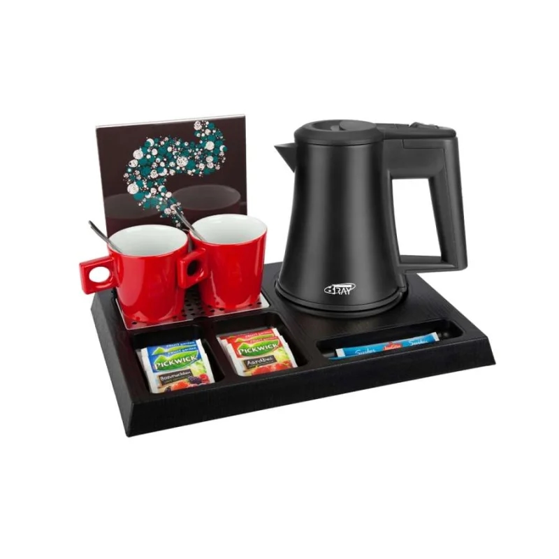 Willkommenstablett STAY Schwarz mit Wasserkocher STAR 0,5 L Schwarz und 2 rote Porzellantassen mit A5 Prospekthalter