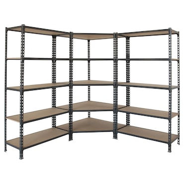 Maderclick Scaffalatura metallica angolare senza viti 5 ripiani + 1 ripiano Maderclick. Colore BLU/ARANCIONE/LEGNO 1800x1800x400 mm