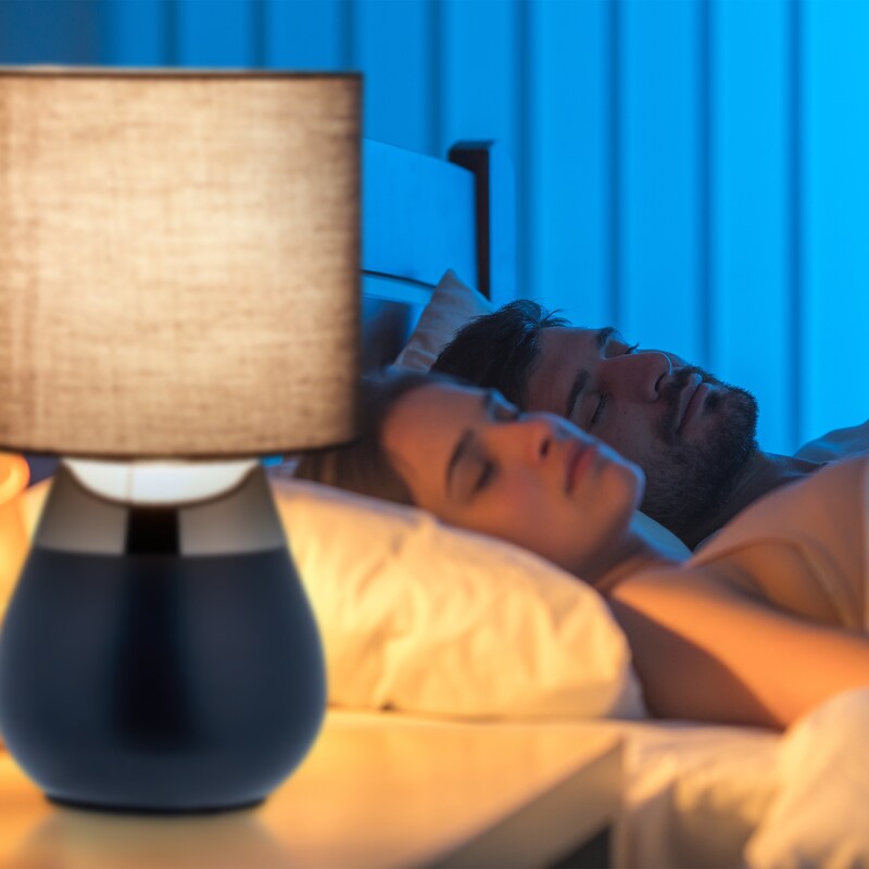 Ein Nachttisch mit einer Lampe und schlafenden Personen.