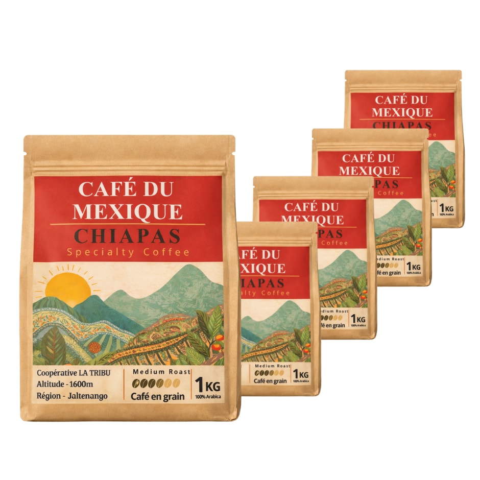 5 x 1 kg - Café en Grains du Mexique – 100% Arabica – Coopérative La TRIBU – Specialty Coffee