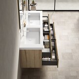 thumbnail of Badezimmer-Waschtisch 53×160×46 cm mit 2 integrierten Waschbecken aus Kunststein im weißen Eichen-Look, mit Soft-Close-Schubladen