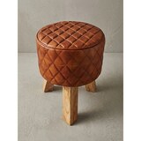 thumbnail of Sitzhocker Echtleder / Massivholz 35x46x35 cm Modern Fußhocker Rund, Turnbock Lederhocker Braun, Kleiner Hocker Gepolstert, Holzhocker mit