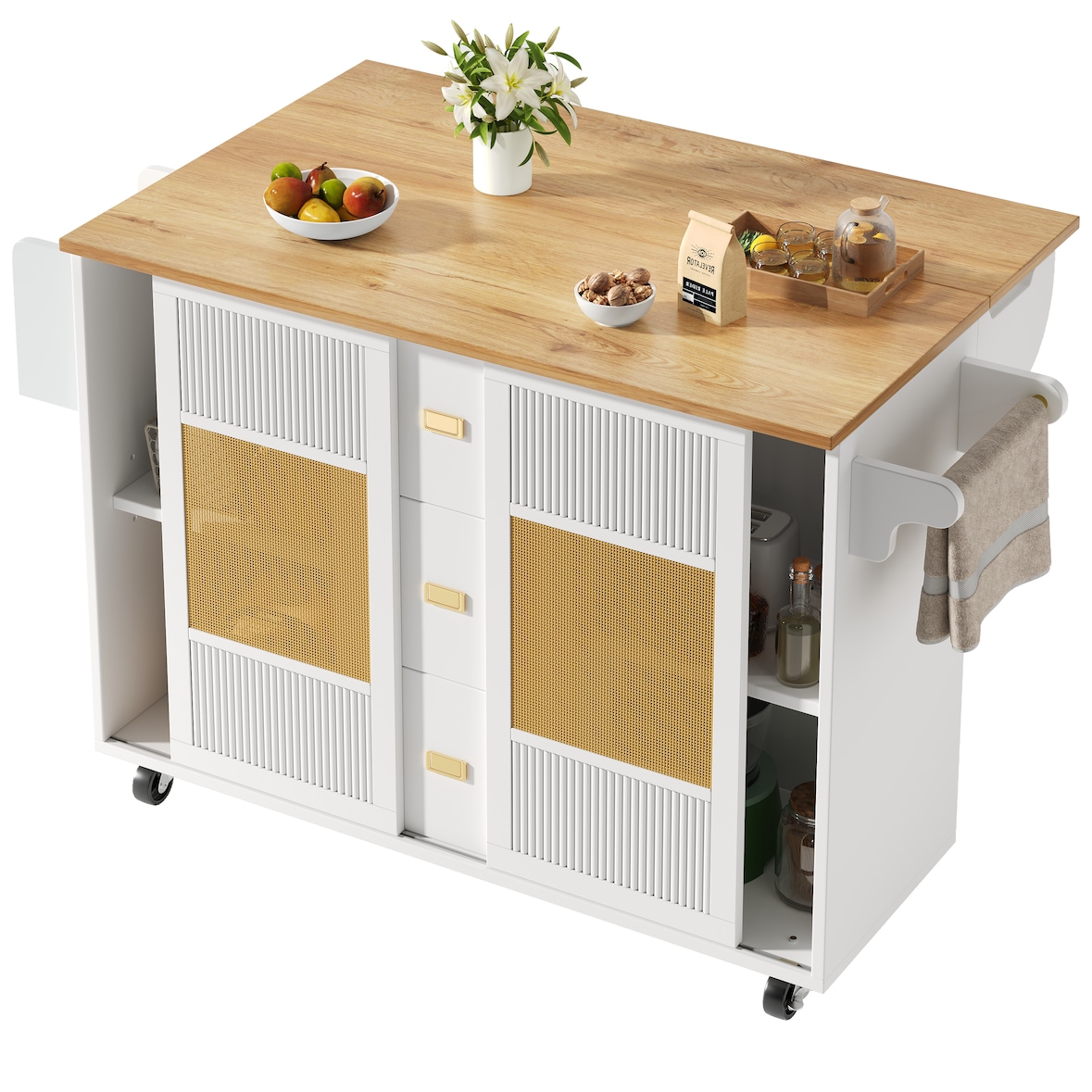 Kücheninsel Küchenwagen 147x70x90 cm mit Klapptisch, 3 Schubladen, Schiebetüren, verstellbaren Einlegeböden, Rollen, Rattanoptik Weiß
