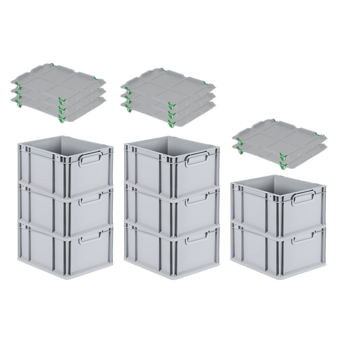 PROREGAL SuperSparSet 8x Eurobox NextGen Grip mit Auflagedeckel & 4 grünen Verschlüssen, HxBxT 22x30x40cm, 20L, Grau, Griffe zu, Eurobehälter