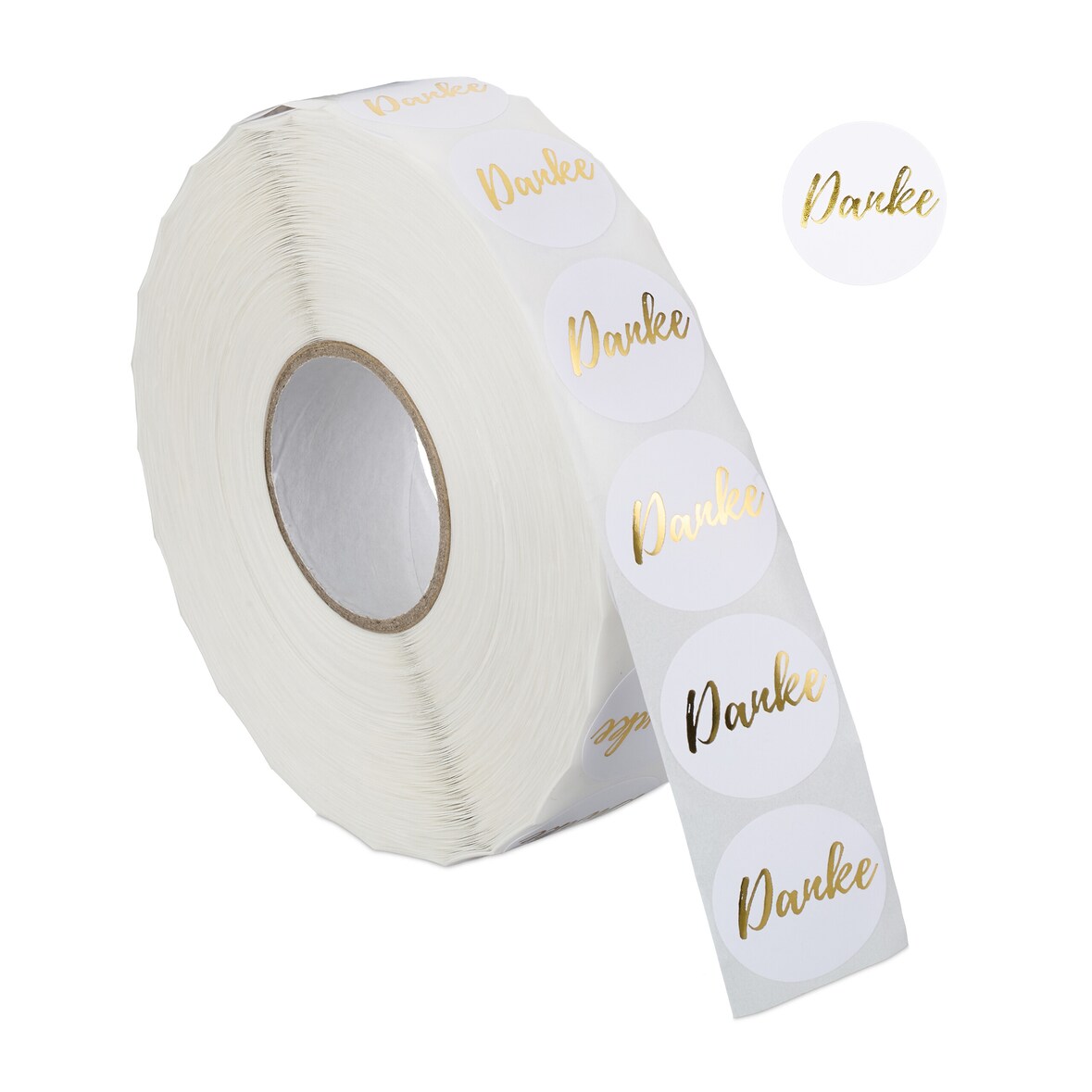 Relaxdays Danke Aufkleber 2500 Stück, Dankeschön Sticker, Ø 25 mm, selbstklebende Etiketten, Stickerrolle, weiß/gold