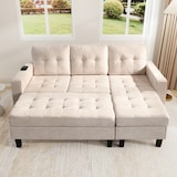 thumbnail of Multifunktionales L-Form Sofa mit Hocker, LED-Beleuchtung, USB-Anschluss, Chenille-Stoff, 500 kg belastbar, Gesamtgröße 185x135x85 cm, Beige