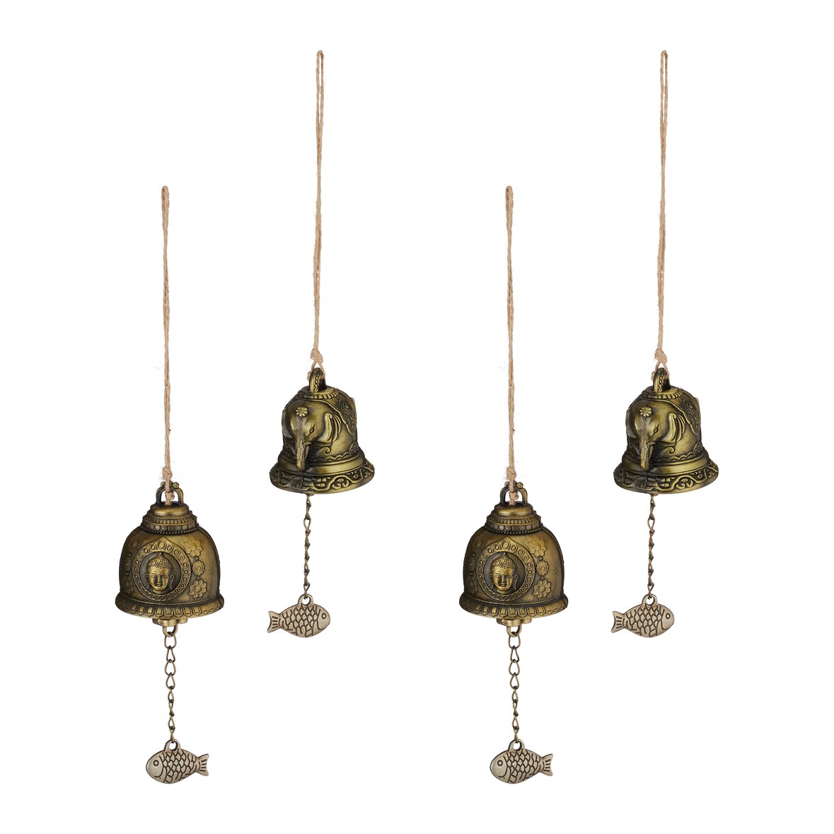 Relaxdays Windspiel Glocken, 4er Set, Feng Shui Glockenspiel, buddhistische Motive, Garten, Metall, Klangspiel, gold