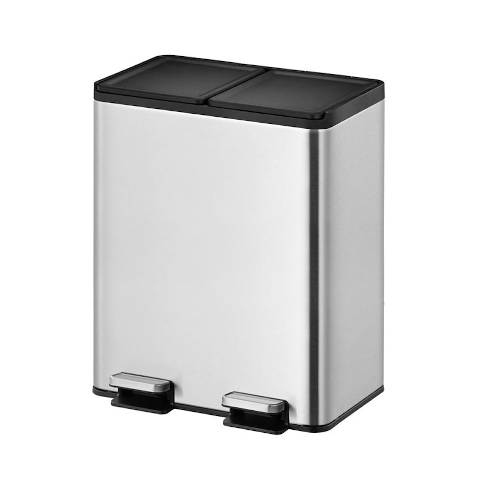 PROREGAL Rechteckiger Treteimer aus gebürstetem Edelstahl mit getrennten Soft-Close & Stay-Open Deckel | 20+20 Liter, HxBxT 59,2x46,3x33,2cm | Silber