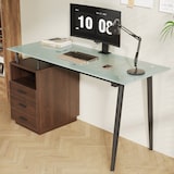thumbnail of Merax Schreibtisch 130×50×75 cm, Bürotisch mit gehärteter Glasplatte, 3 Schubladen & offenem Ablagefach, Metallgestell, modern, Braun