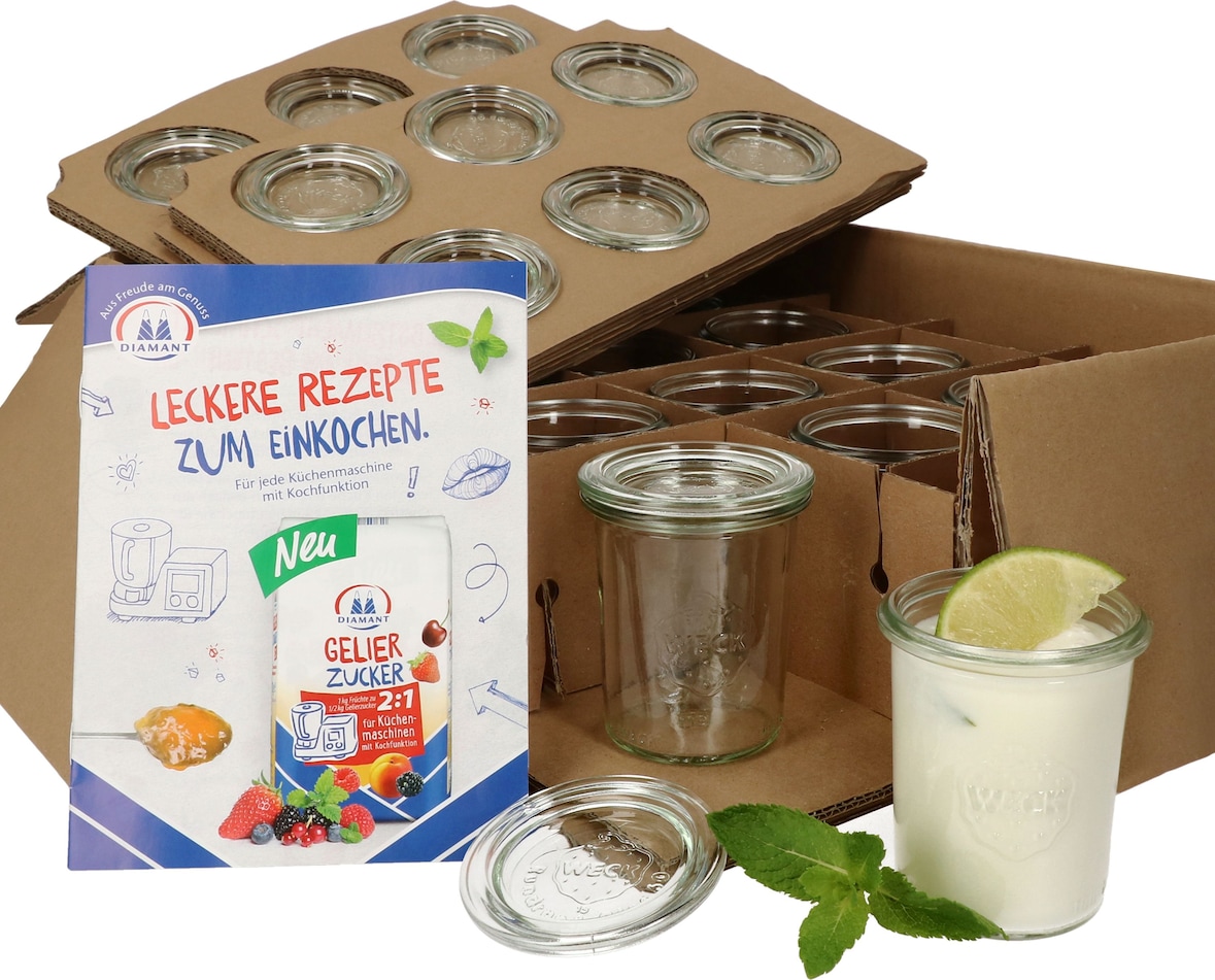 12er Set Weck Gläser 160 ml Sturzgläser mit 12 Glasdeckeln incl. Diamant-Zucker Gelierzauber Rezeptheft FÜR KÜCHENMASCHINE