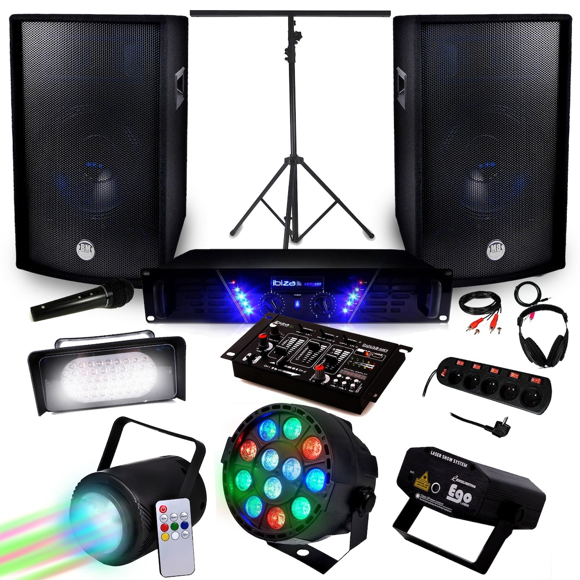 Pack Sono + Light Ampli AMP-300 + HP BMS-12 de 2x600W + Pack 4 lumières