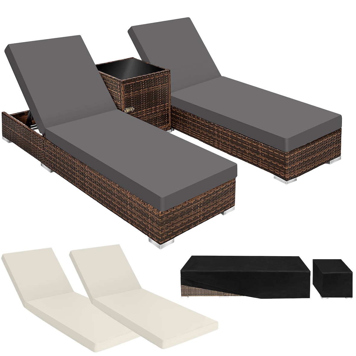 tectake Lot de 2 bains de soleil en rotin et aluminium avec table et housse de protection - marron - 401499