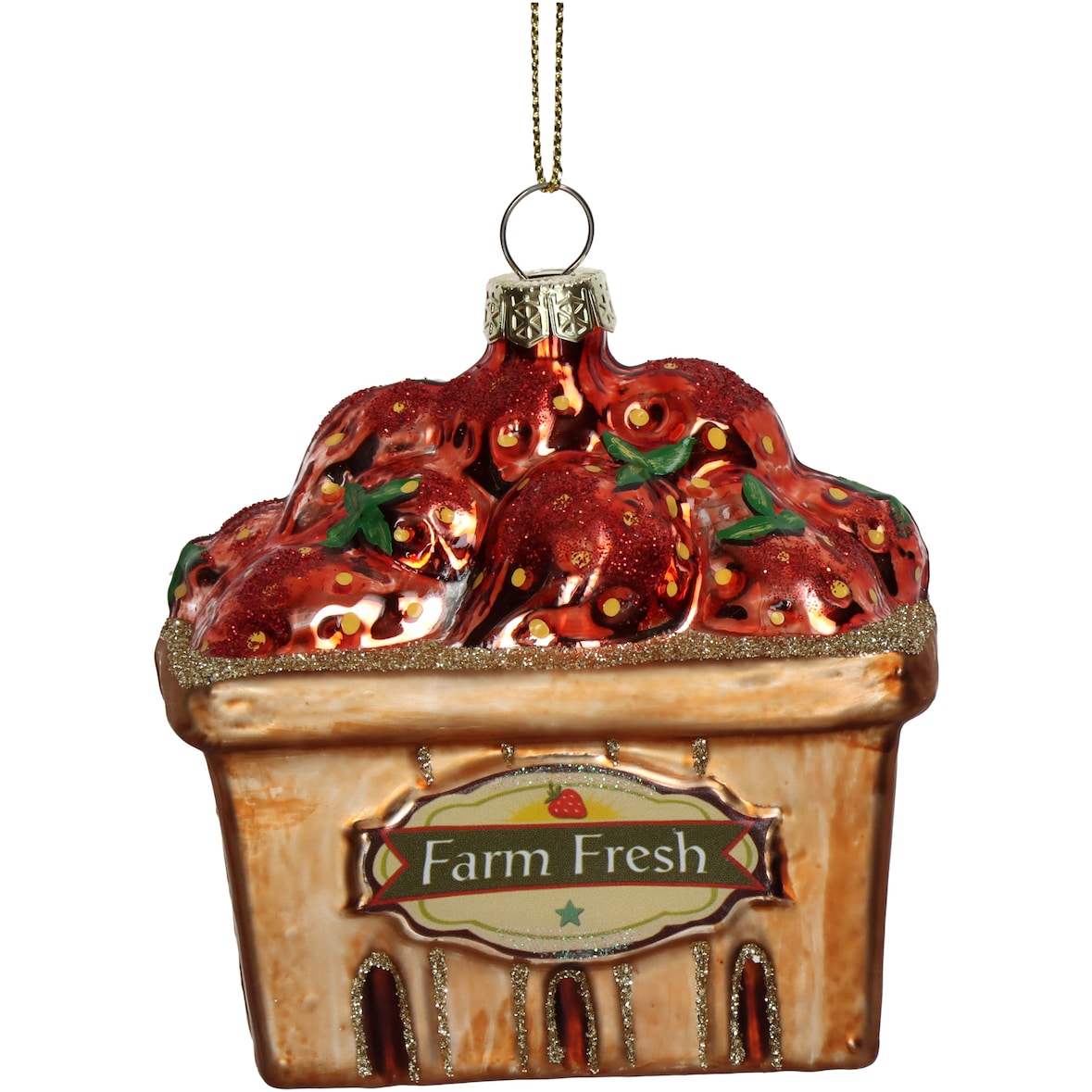 Christbaumschmuck Glas 8,3cm Erdbeeren Box Figur Handbemalt mit Glitzer Weihnachtsbaum Anhänger Christbaumanhänger Weihnachtsbaumschmuck Hellbraun Rot