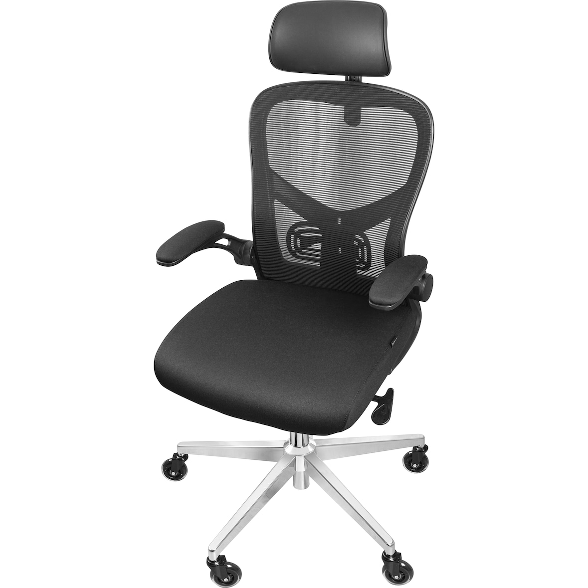CLOUVOU SmartSeat, ergonomischer Bürostuhl, Rückenlehne mit Mesh Bezug, FlipUp-Armlehnen, 3D-Kopfstütze, BladeWheels, Schwarz