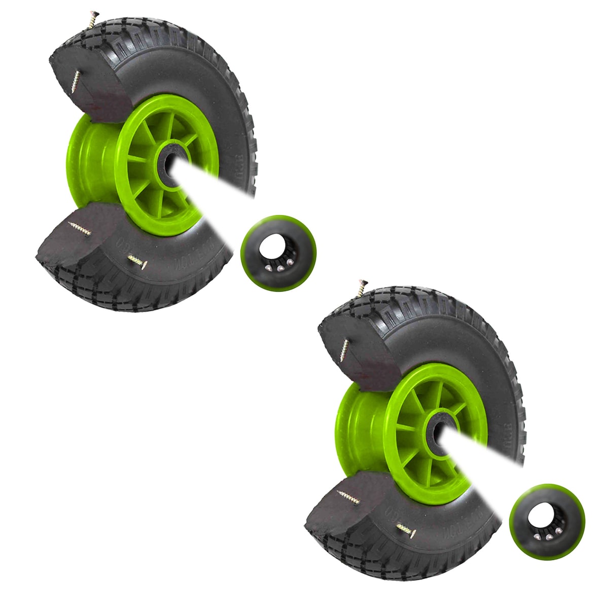 2x Sackkarrenrad PU-Rad 260x85 mm 3.00-4 75 mm zentrierte Nabe Ø 20 mm grün Vollgummi Bollerwagen