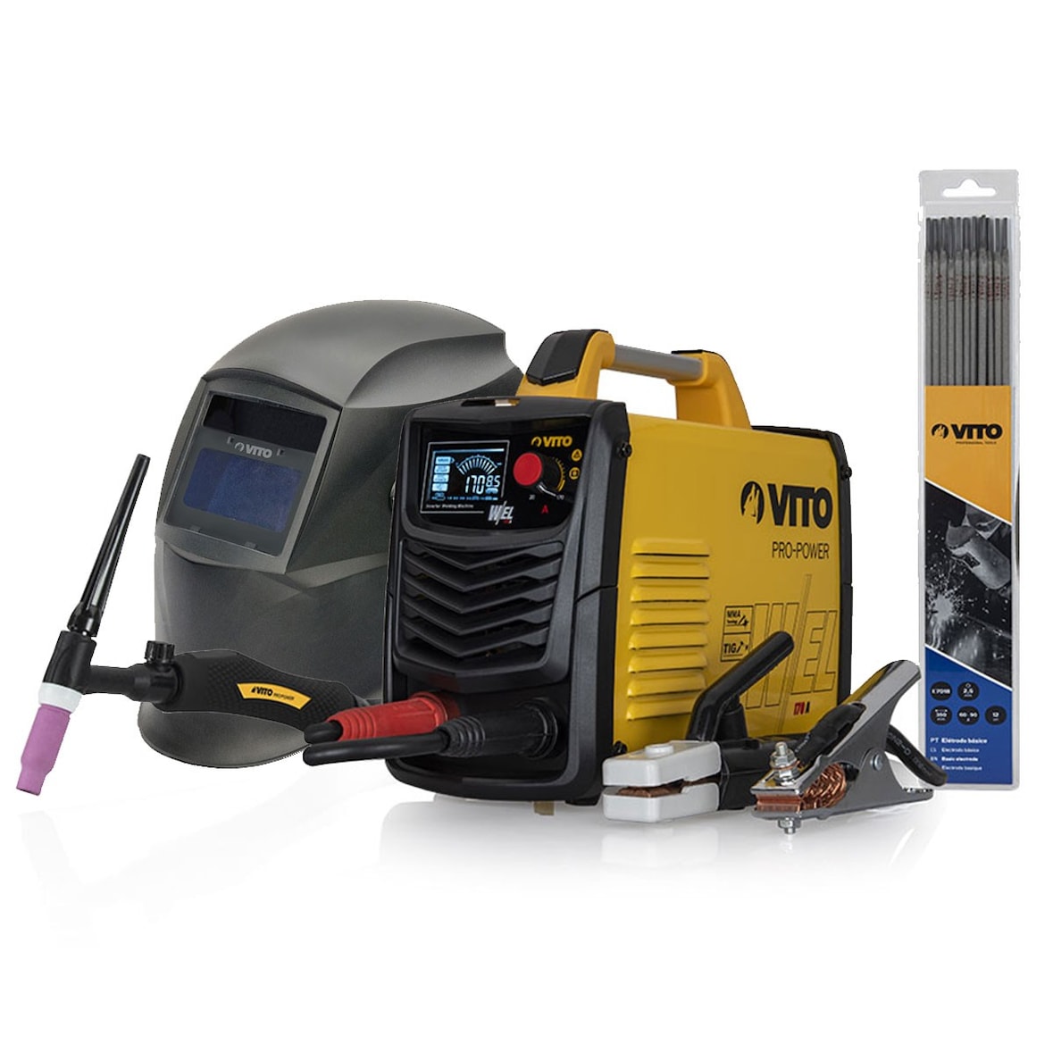 Professionele omvormer MMA TIG 200 Amp +12 staven Ø 2,5 mm + LCD beschermkap + Koffer VITO