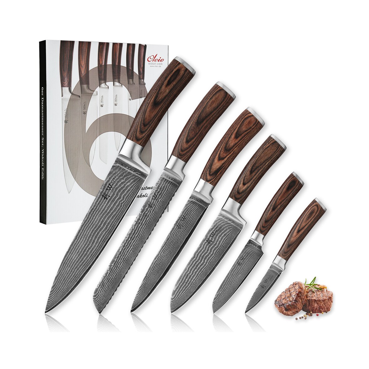 Wakoli Edib 6er Damastmesserset I 8 - 20,5cm Klinge I Pakkaholz