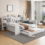 thumbnail of Schlafsofa 140x200 cm aus Massivholz mit ausziehbarem Bett, Schreibtisch, Regalen, Schubladen und Steckdose – multifunktionales Möbel Weiß