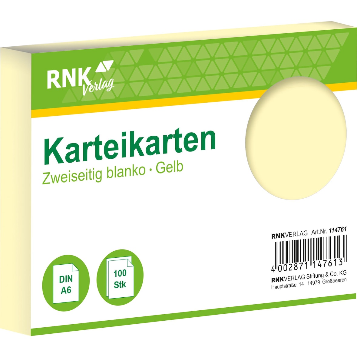RNK Verlag 114761 Karteikarten - DIN A6, blanko, gelb, 100 Karten