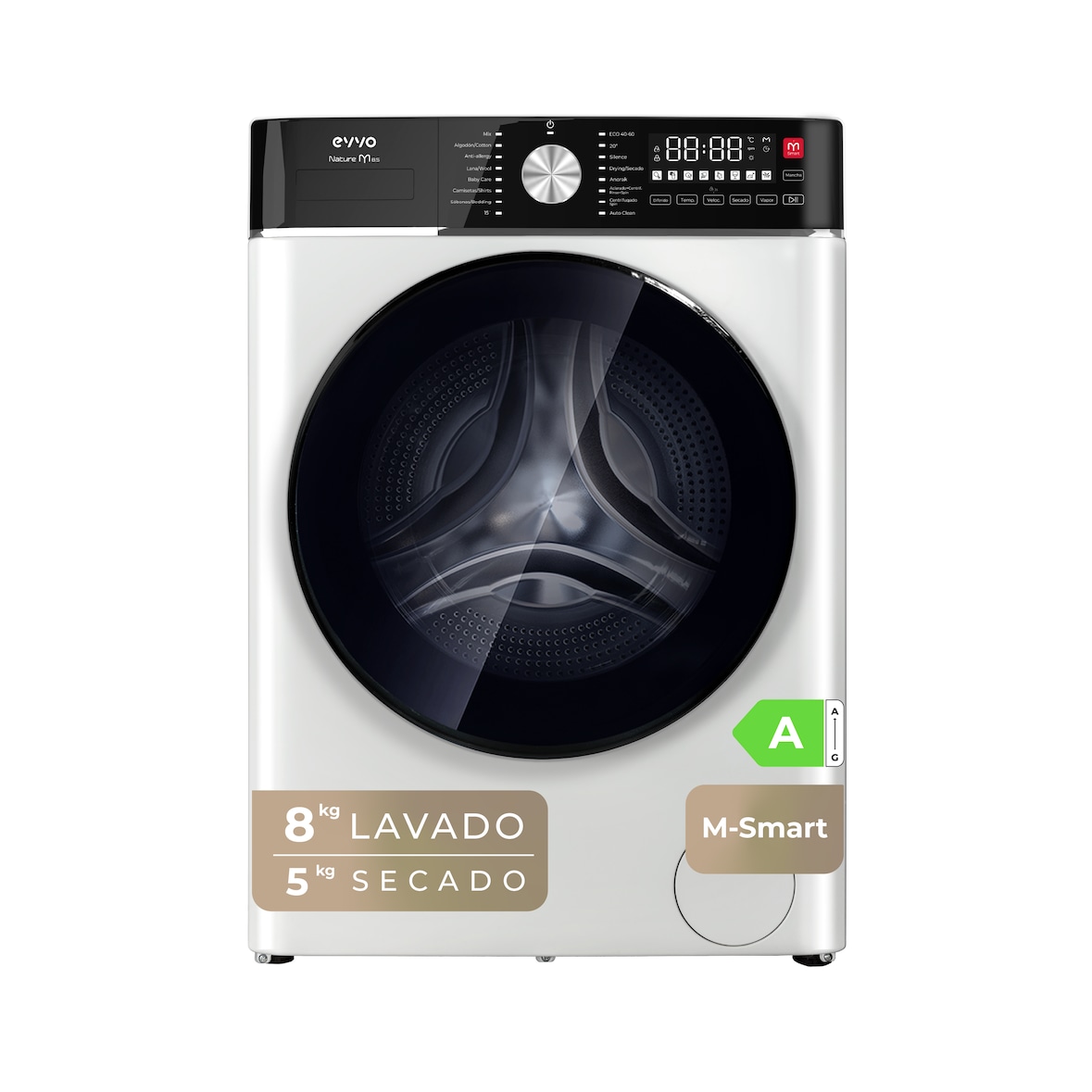 EVVO Lavadora secadora 8 kg + 5 kg carga frontal Nature M8/5, 1400 rpm, Función vapor Steam Wash, Motor BLDC , M-Smart, blanco