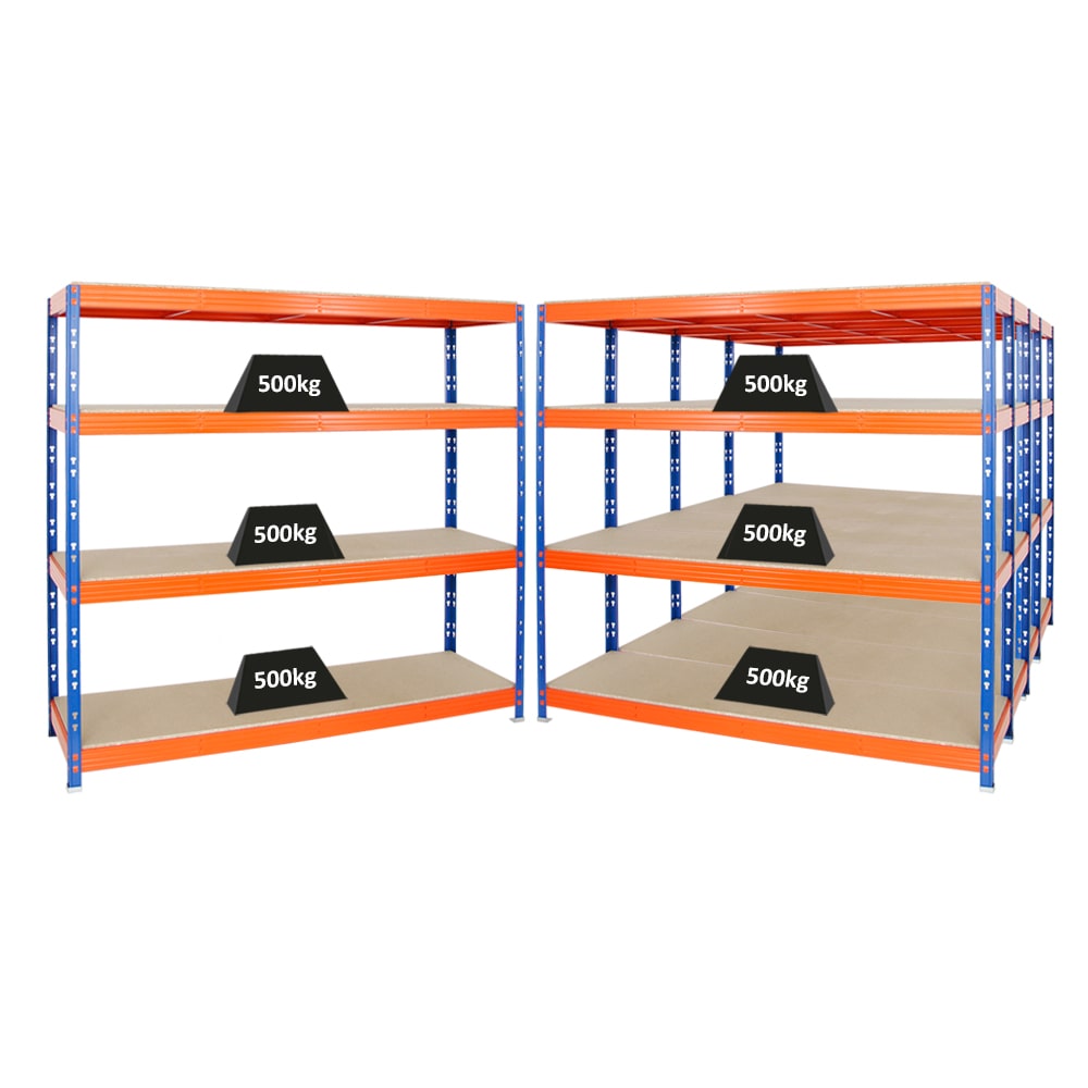 PROREGAL Mega Deal 5x Profi Schwerlastregal Rhino | HxBxT 180x200x60cm | 4 Spanplatten-Ebenen 16mm | Fachlast 500kg | Blau-Orange