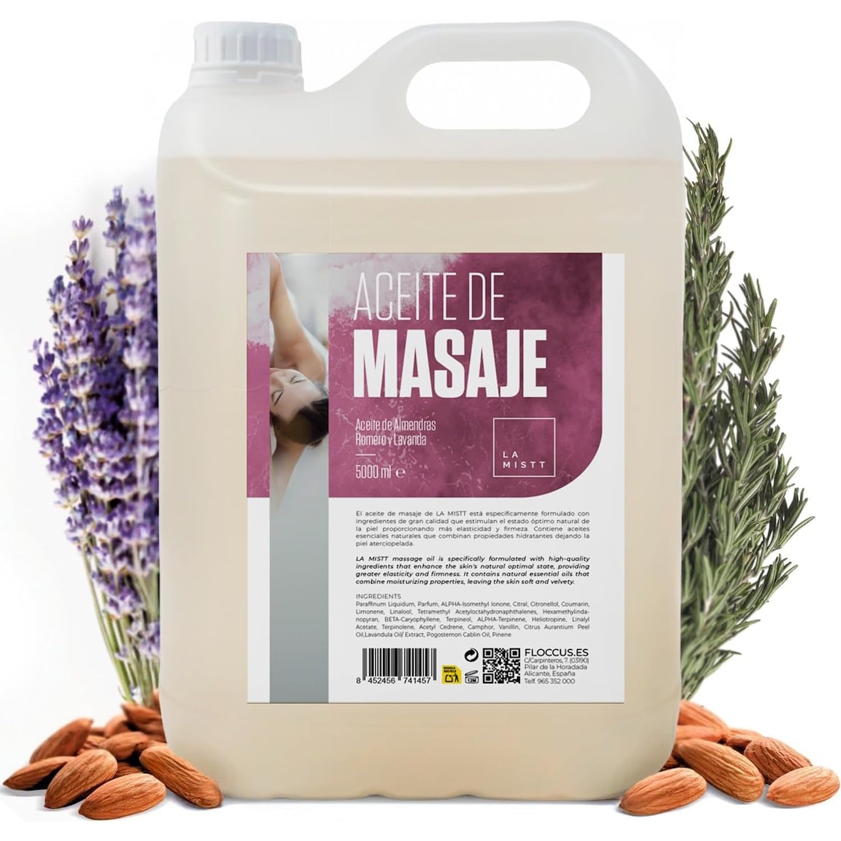 Aceite de Almendras Dulces, Romero y Lavanda 5 Litros | Aceite para Masajes Profesionales Fórmula Mejorada | Aceite Corporal