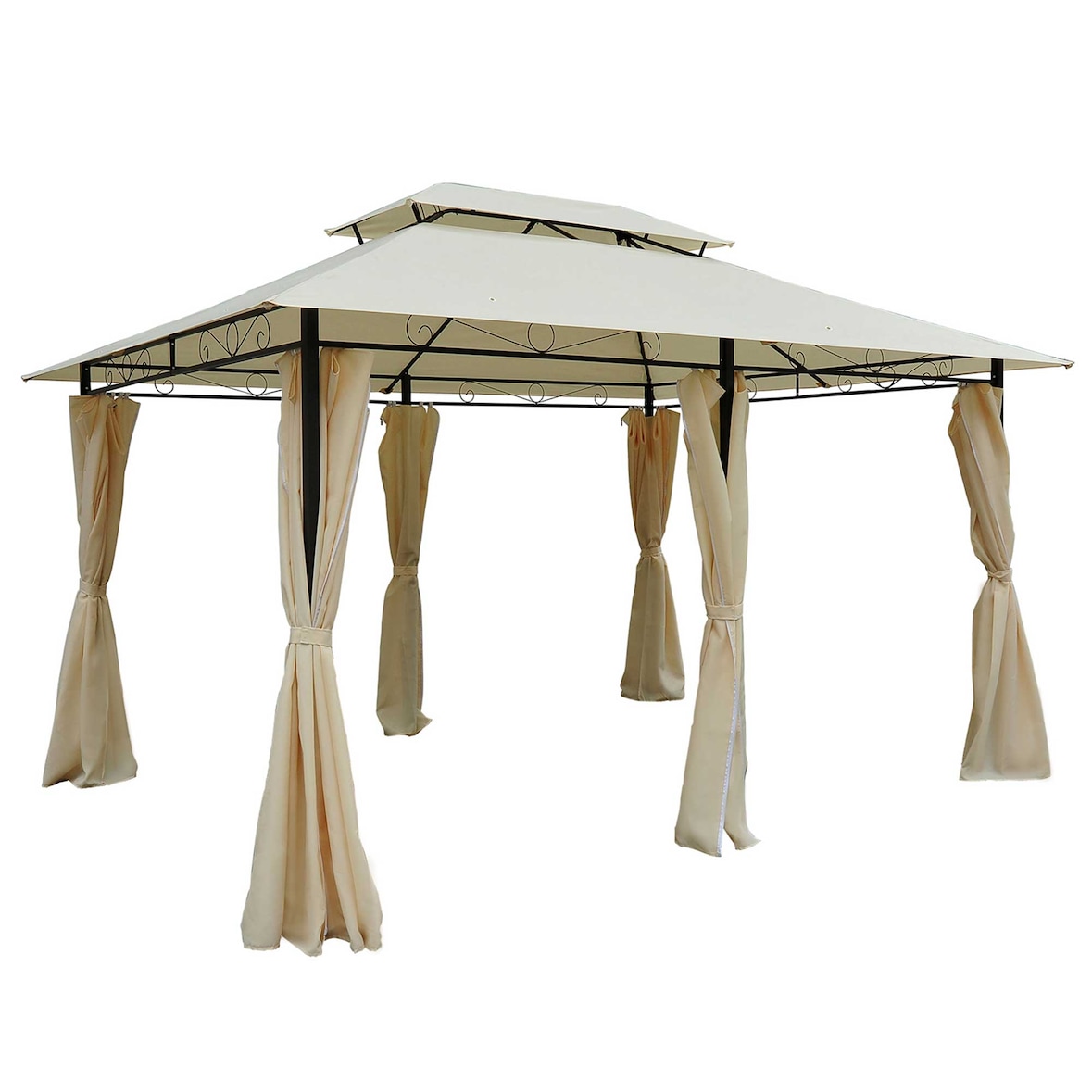 Outsunny cenador de jardín 3x4 m gazebo de exterior con paredes laterales doble techo 6 puertas con cremallera y 8 orificios de drenaje para terraza