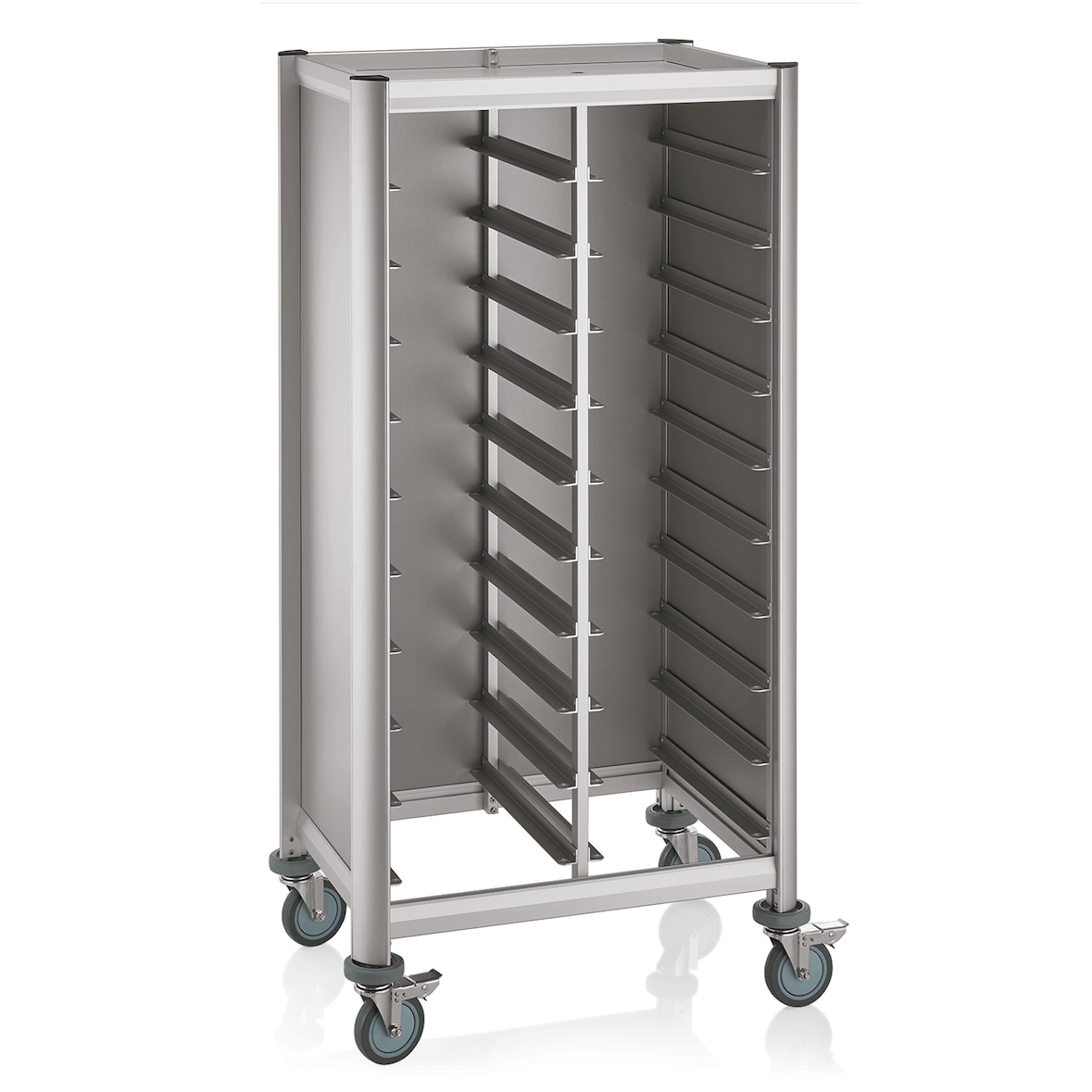 WAS Germany - GN Tablettwagen Trolley Mensa, 1/1 für 2x10 Tabletts, silber, 80 x 60 x 165 cm, MDF/Alu