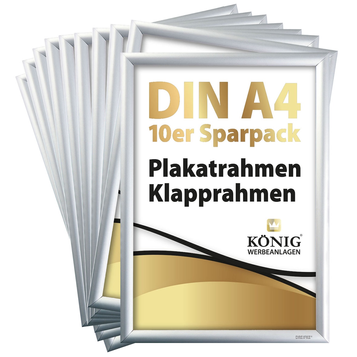 10 Plakatrahmen DIN A4 | 25mm Alu Profil, eckig | silber | Bilderrahmen Klapprahmen Wechselrahmen Posterrahmen | 10er Sparpack | Dreifke®