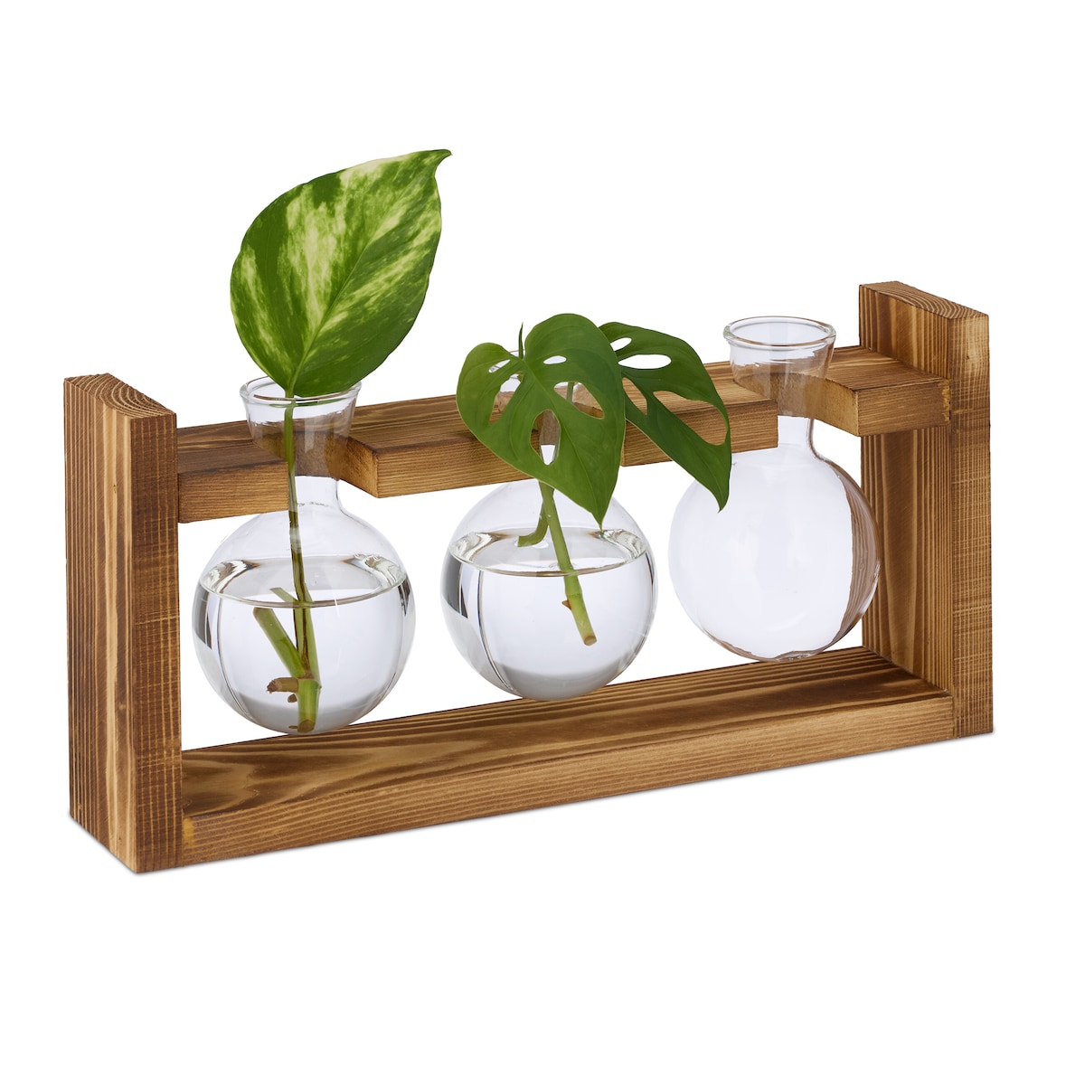 Relaxdays Reagenzglas Vase, runde Glasvasen mit Halterung, Blumen & Pflanzen, HxBxT: 13x28x6,5 cm, transparent/natur