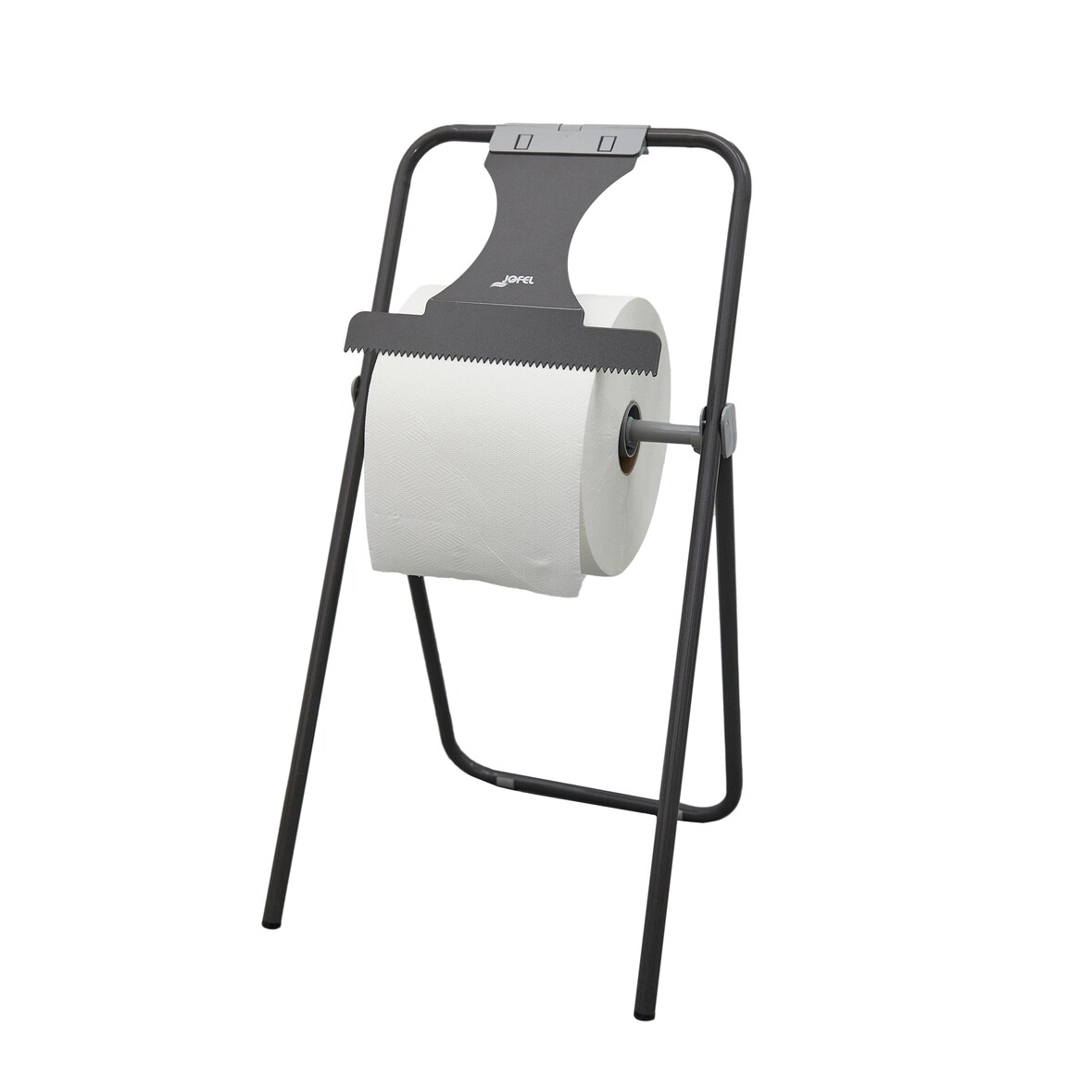 Jofel - Portabobinas de Suelo, Dispensador de Papel Industrial con Sierra Frontal para Corte, Gran Resistencia, Acepta Bobinas de hasta 500m, AD80010