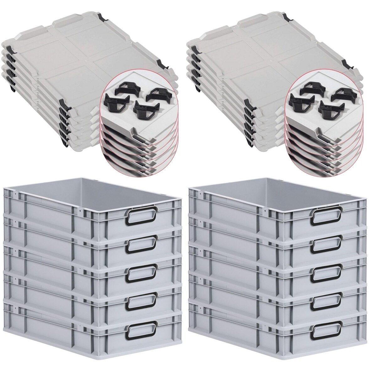 PROREGAL SparSet 10x Eurobox NextGen Color mit Auflagedeckel & Verschlüsse, HxBxT 12x40x60cm, 23L, Grau, Griffe schwarz zu, Eurobehälter